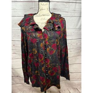 Maggie Lawrence Collection Floral Ruffle Collar‎ Long Sleeve Blouse Top
